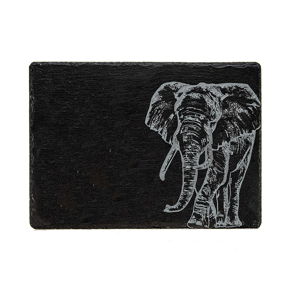 Black slate cheese board with detailed engraved elephant design perfect as an elephant slate cheese serving board