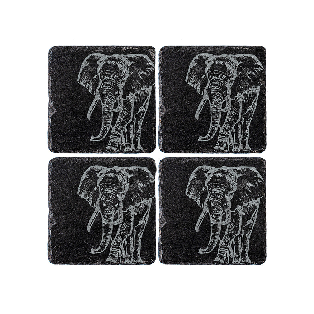 Black slate coasters set of 4 with intricately engraved elephant designs perfect for stylish tabletops