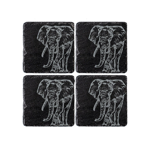 Black slate coasters set of 4 with intricately engraved elephant designs perfect for stylish tabletops
