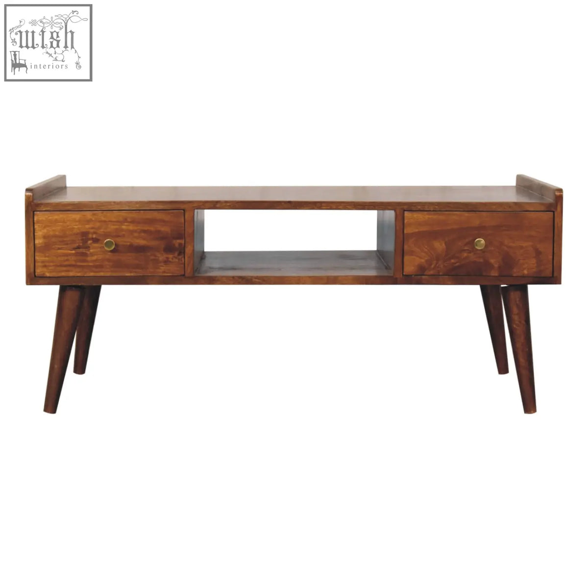 Mid-century modern solid mango wood coffee table with two drawers and tapered legs in chestnut finish