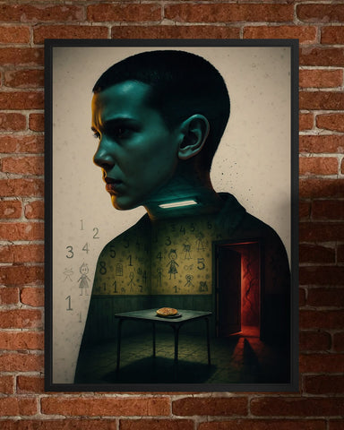 A framed stranger things poster showing eleven in teal profile with numbered drawings and an open doorway background