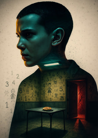 A round golden brown pizza on a dark metal table in a dim room for the stranger things poster eleven product
