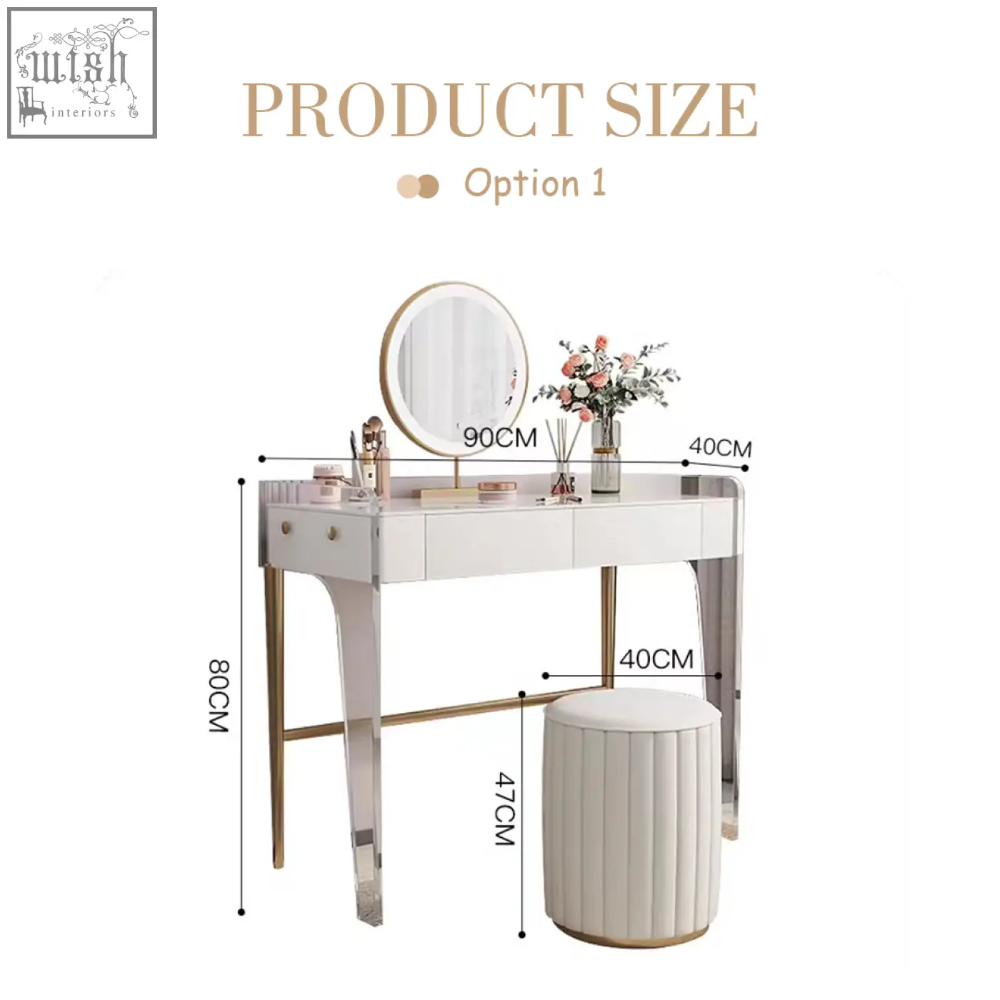 White elfriede dressing table with gold legs and round mirror with matching upholstered stool for stylish dressing