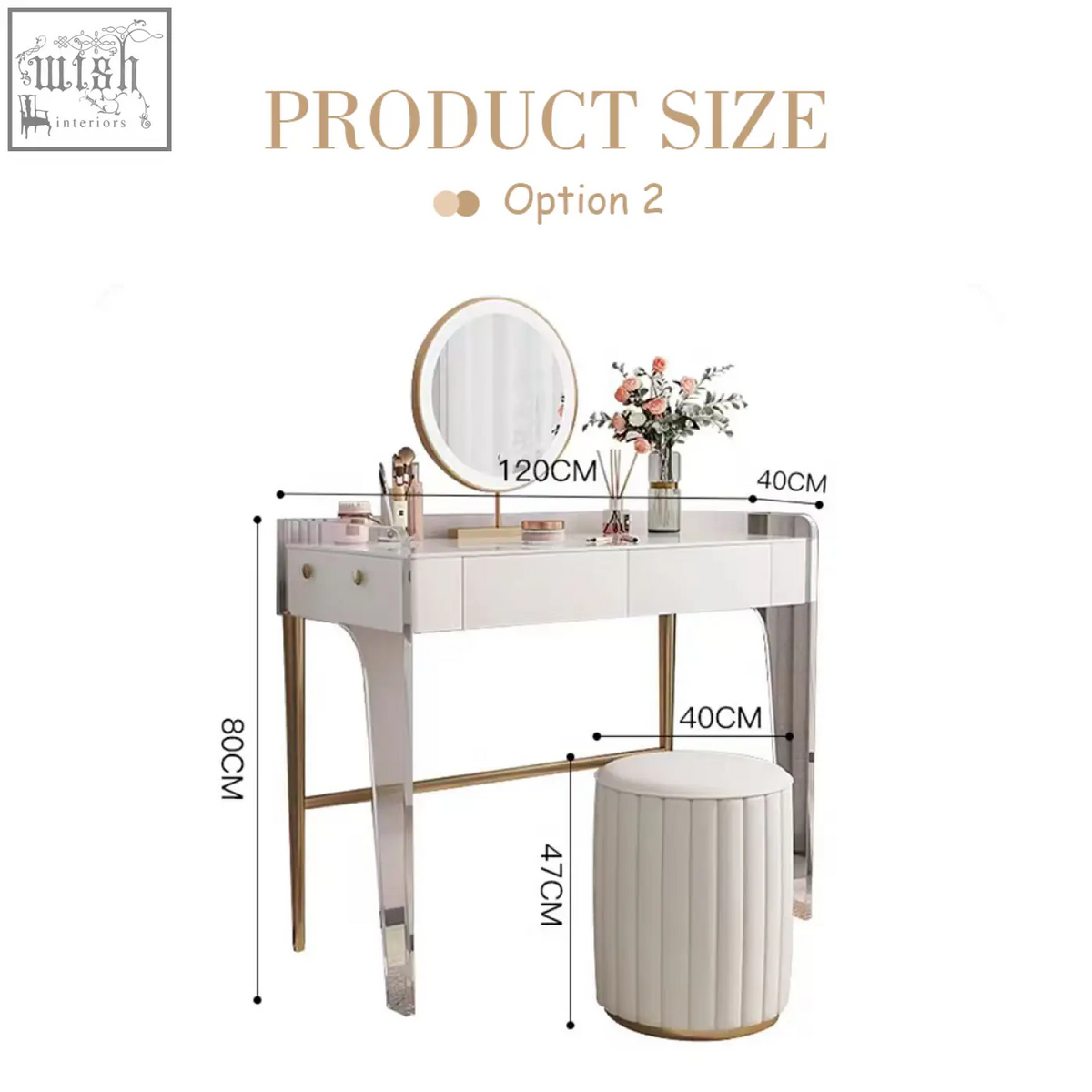 White elfriede dressing table with gold legs round mirror and matching upholstered stool for stylish dressing table setup