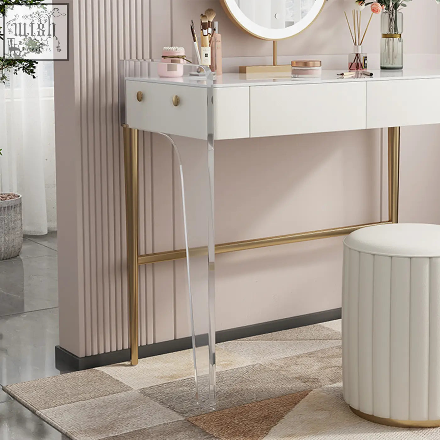 Modern white acrylic elfriede dressing table with gold metal legs and sleek minimalist design for stylish vanity use