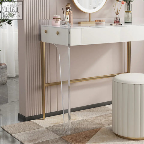 Modern white acrylic elfriede dressing table with gold metal legs and sleek minimalist design for stylish vanity use