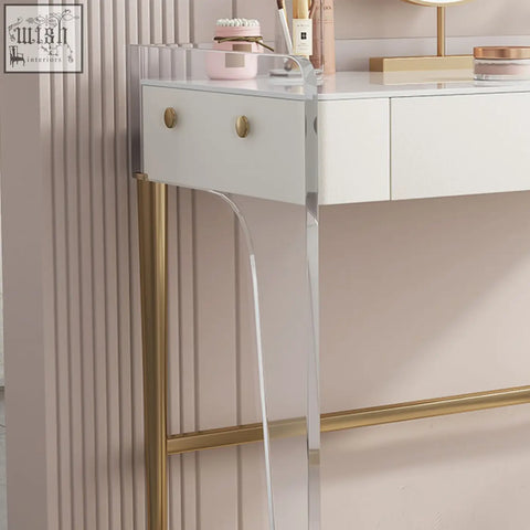 Modern white acrylic elfriede dressing table with gold-tone hardware and curved legs for stylish vanity setup