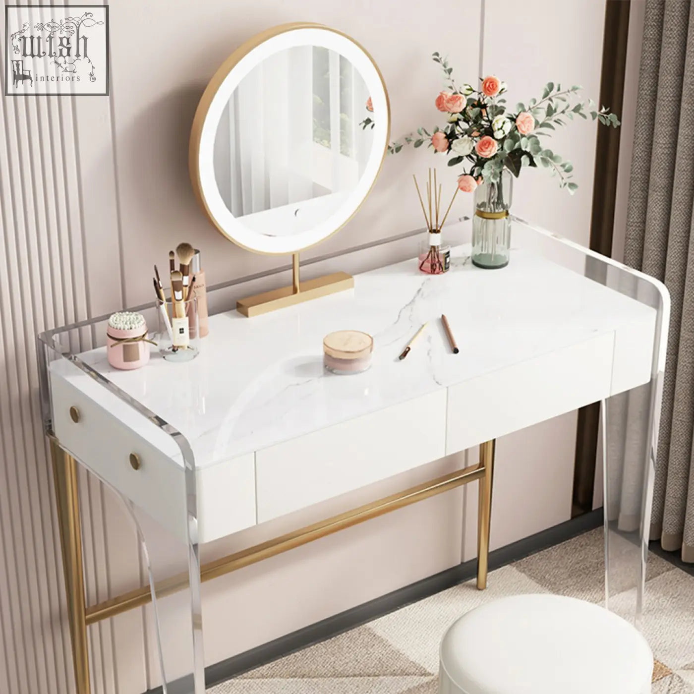 Modern white marble-top elfriede dressing table with gold-tone legs and circular led mirror above it