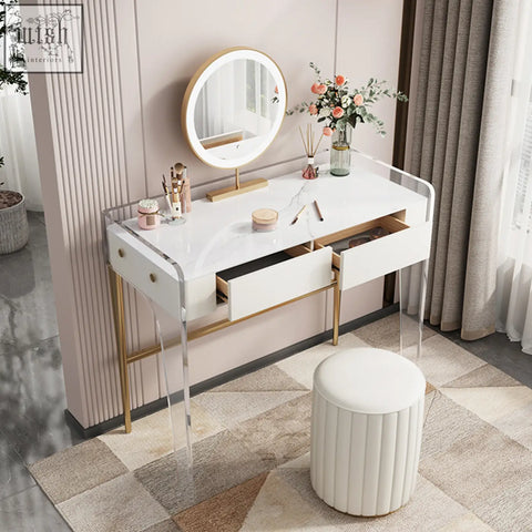 Modern white marble-top elfriede dressing table with gold-tone legs drawers and round illuminated mirror above