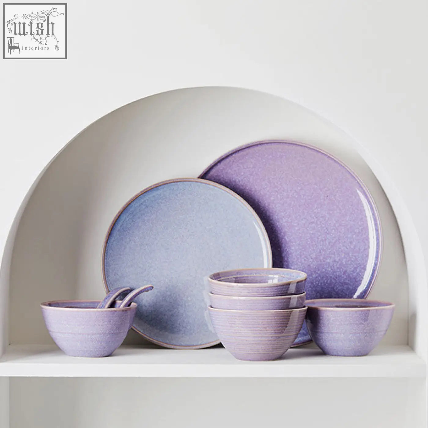 Eliana dinner set ceramic plates and bowls in soft lavender and muted blue with textured speckled glaze finish