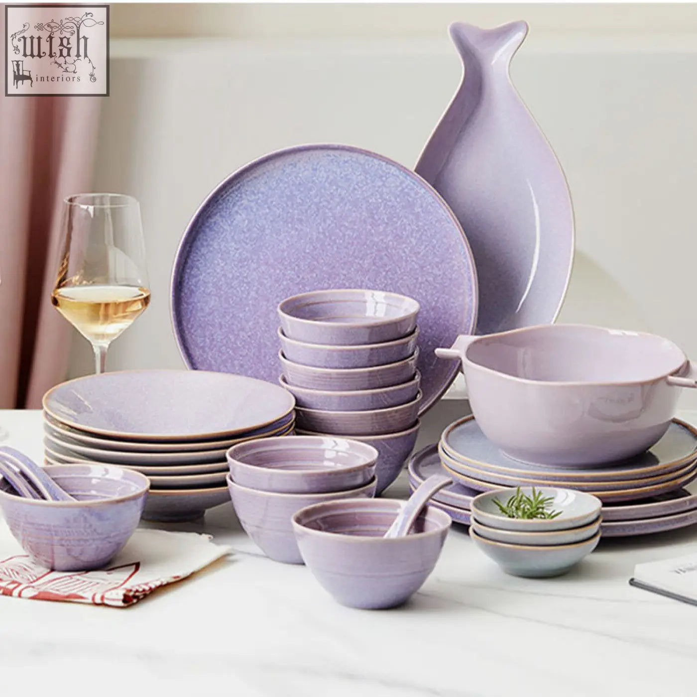 Eliana dinner set purple ceramic with speckled finish and matching fish shaped serving dish perfect for meals