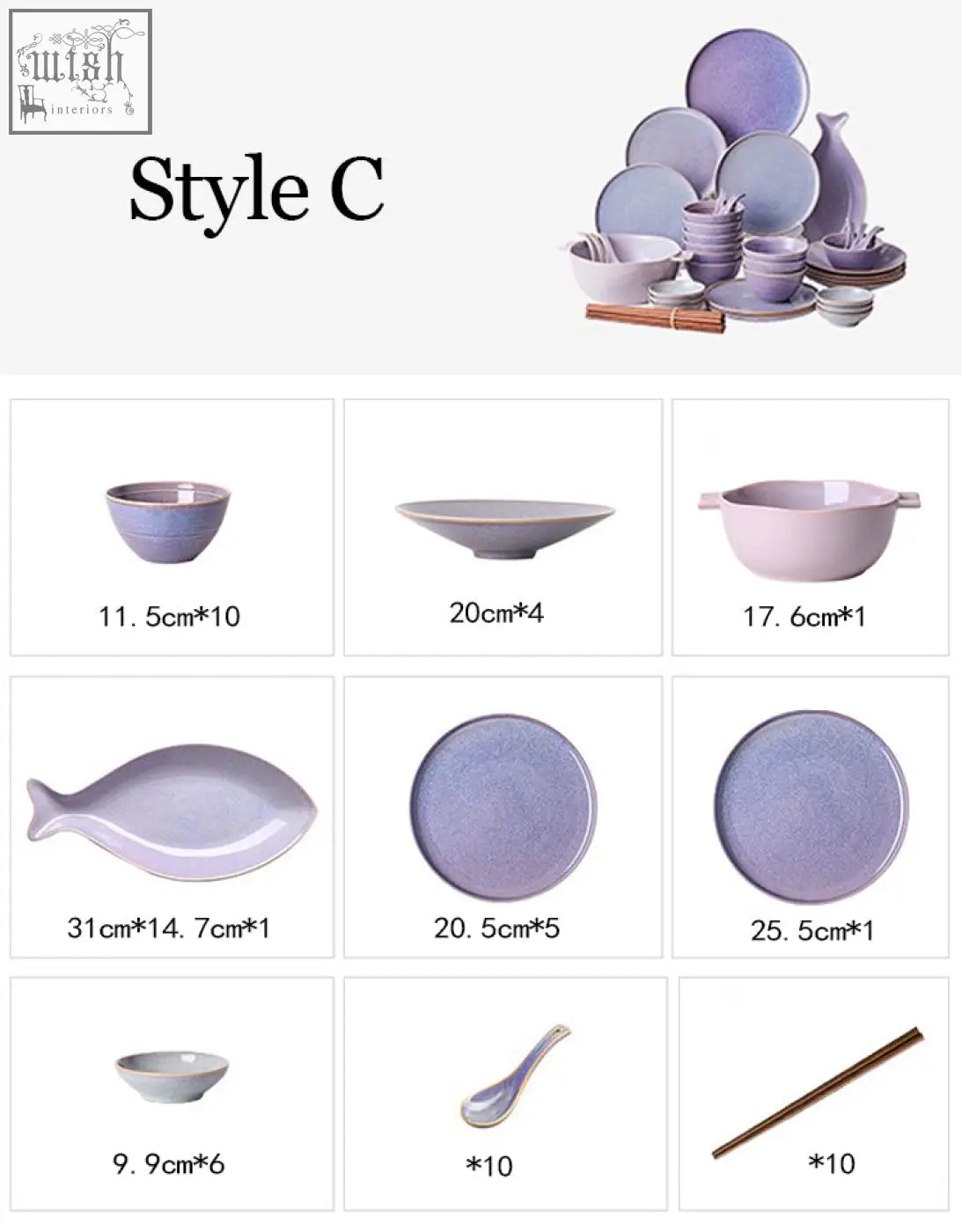Purple ceramic eliana dinner set with subtle glaze finish and matching fish-shaped plate perfect for dining