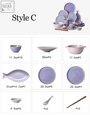Purple ceramic eliana dinner set with subtle glaze finish and matching fish-shaped plate perfect for dining