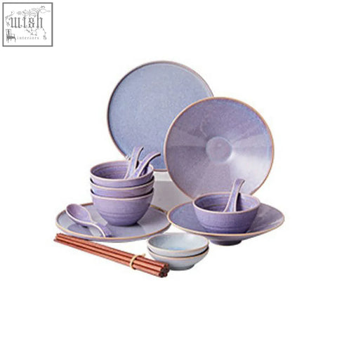 Purple ceramic dinner set with subtle speckled glaze and gold-rimmed edges perfect for elegant dining