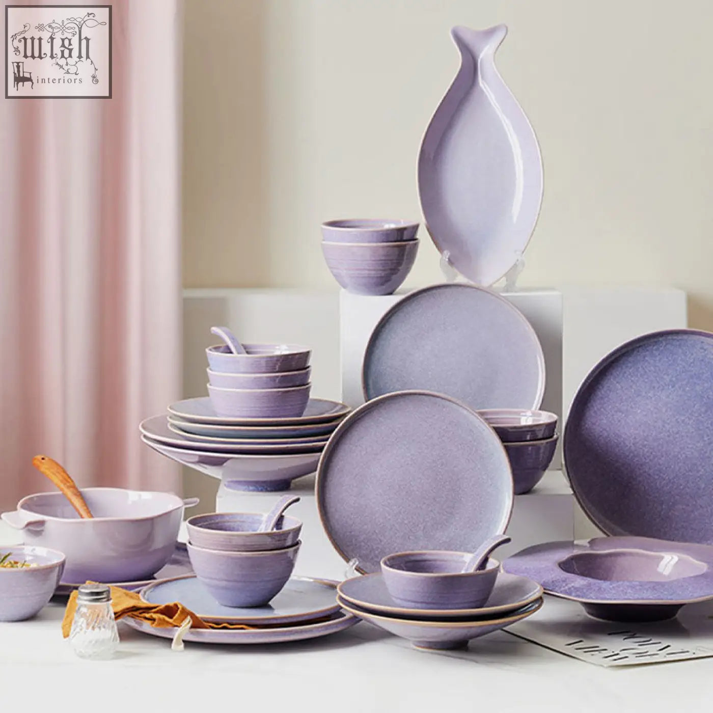 Eliana dinner set purple features a matte lavender ceramic dinner set with earthy-toned glaze on plates bowls and serving pieces