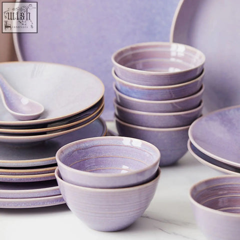 Stack of lavender ceramic bowls with textured rims from eliana dinner set perfect for stylish dining options