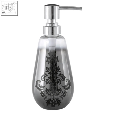 Clear glass soap dispenser with silver ombre plastic pump head and black damask pattern for stylish bathroom use