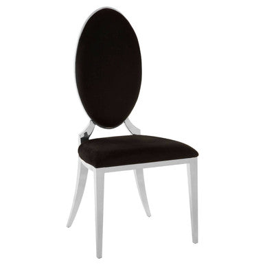 Elegant eliza black velvet dining chair with a sleek oval backrest and slender white metal legs in black velvet