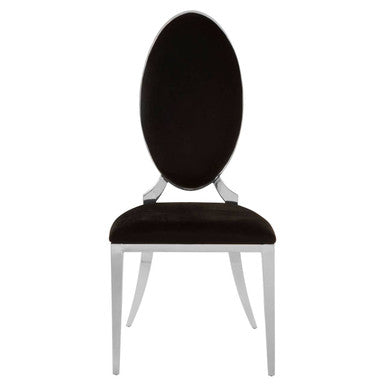 Eliza black velvet dining chair with sleek oval backrest and polished chrome legs in black velvet upholstery