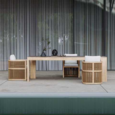 Eliza rttan outdoor dining table in light wood with minimalist design and sturdy legs perfect for outdoor dining table setups