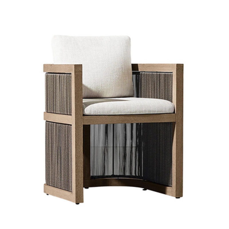 Modern armchair with light wood frame gray black woven panels and off-white cushions for eliza rttan outdoor dining set