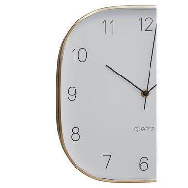 Elko square gold finish case wall clock with a gold frame white face and black numerals quartz design
