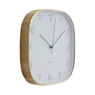 Elko square gold finish case wall clock with gold-toned metal frame white face and black numerals and hands