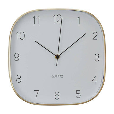 Elko square gold finish case wall clock with a white face and gold-toned frame and hands