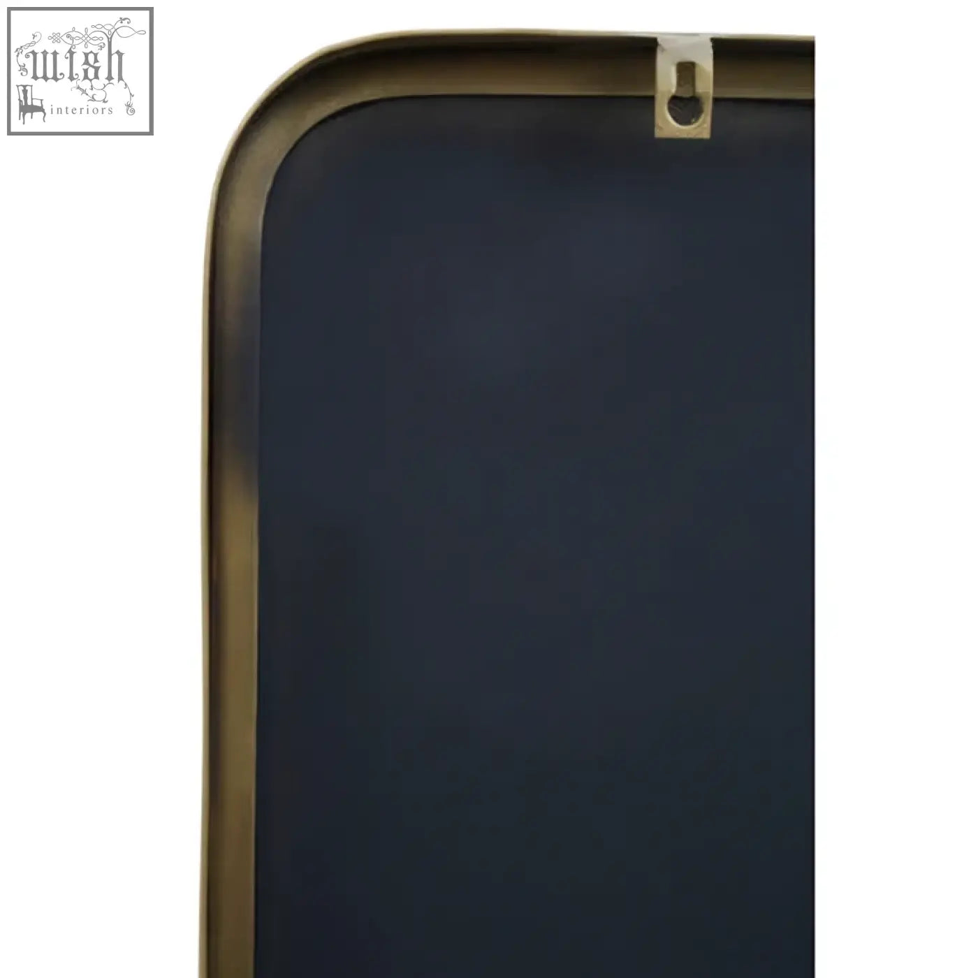 A sleek navy blue chalkboard with a polished brass frame in the modern ella gold wall mirror style gold wall mirror