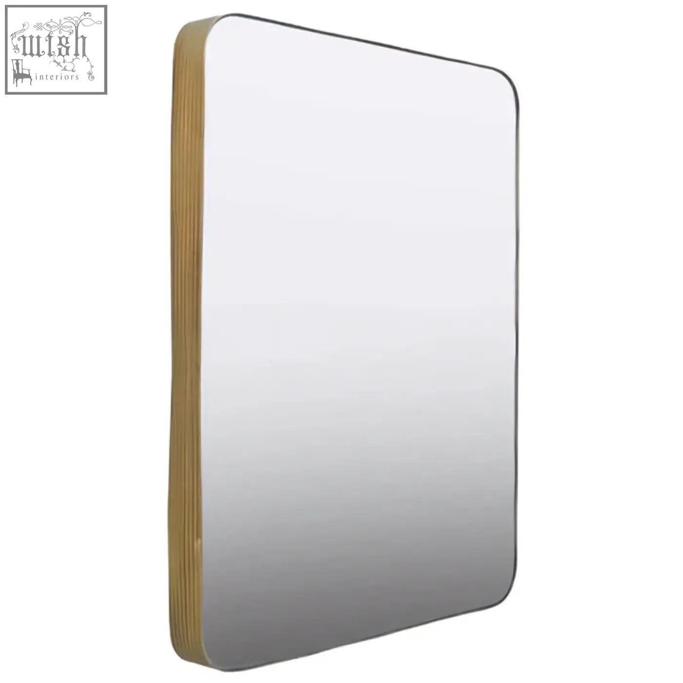 Ella gold wall mirror is a sleek rectangular wall mirror with a thin gold frame and softly rounded corners