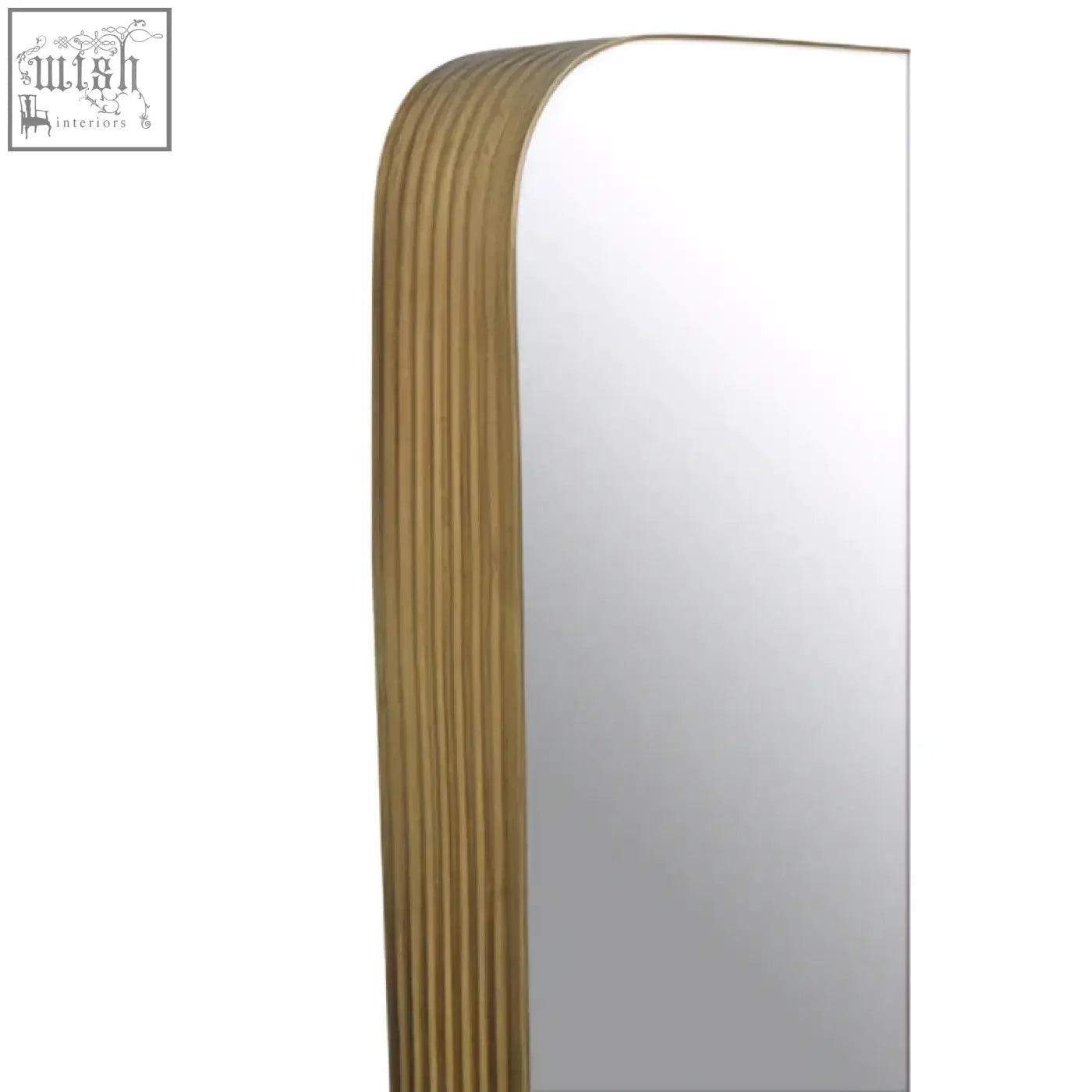 Ella gold wall mirror with a tall curved wooden frame in warm golden brown perfect as a gold wall mirror centerpiece