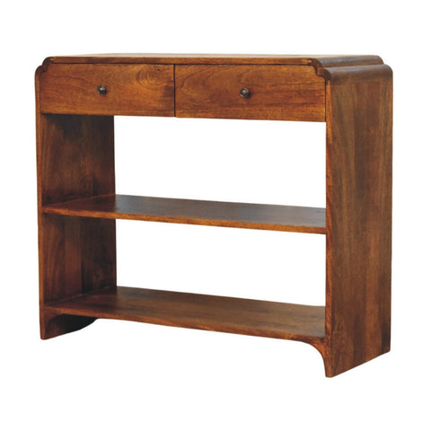Rich brown wooden ellington console table with two drawers and three shelves perfect for your living space