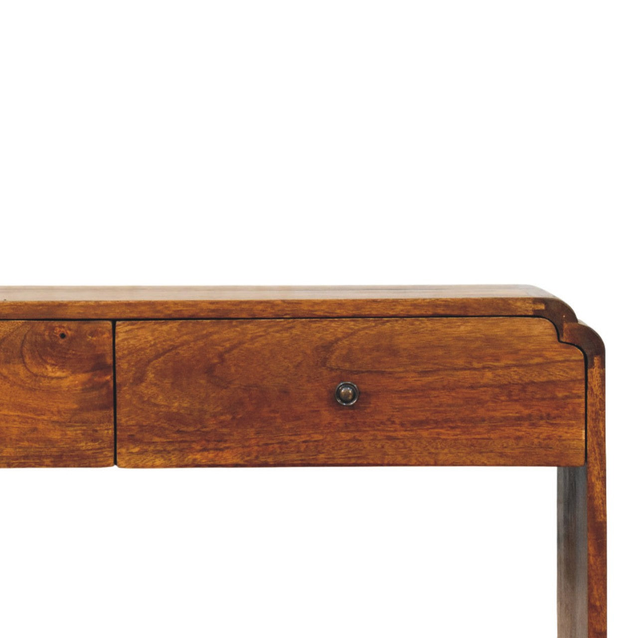 Ellington console table is a warm-toned wooden piece with two drawers and dark metal pulls perfect for your living space