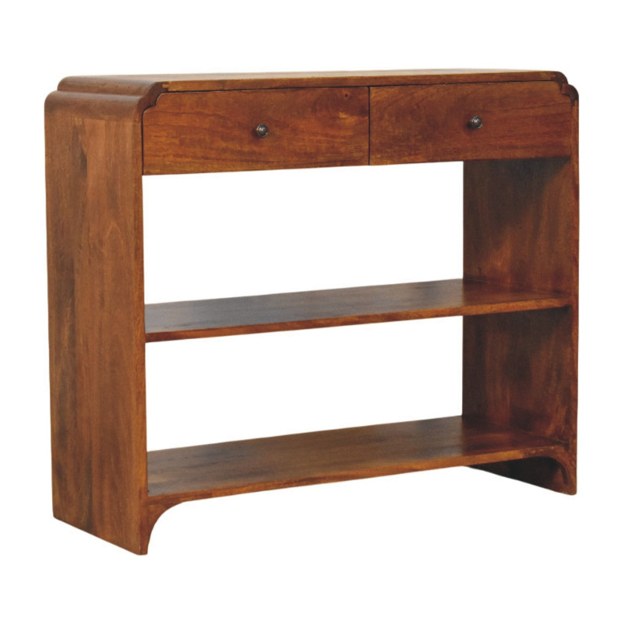 Rustic brown wooden ellington console table with two drawers and open shelving perfect for living space storage
