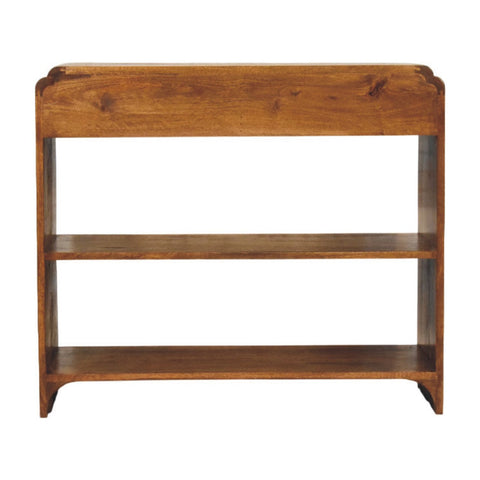 Rustic wooden ellington console table with three honey-toned shelves showing natural wood grain for living space storage