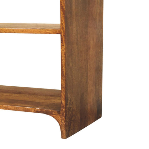 Ellington console table solid wood bookshelf with warm brown finish and natural grain patterns for living space