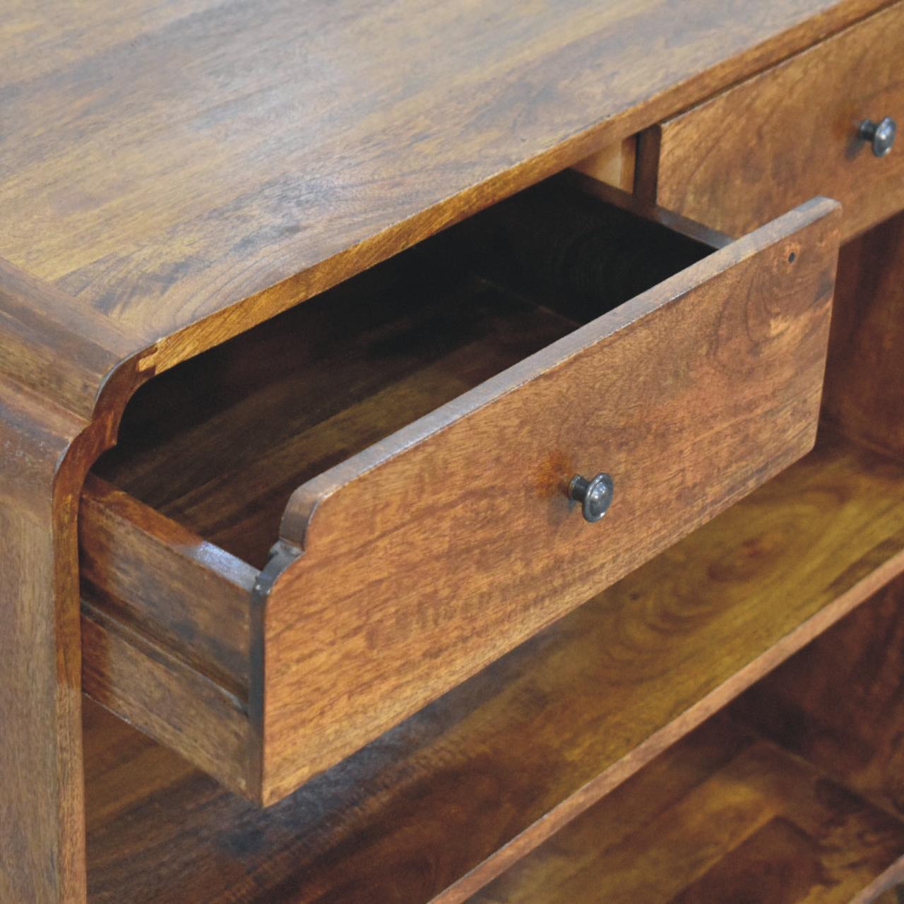 Warm-toned wooden ellington console table with curved front and metal knobs for stylish living space storage