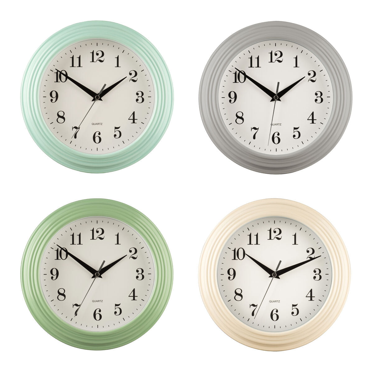 Set of four elliot vintage cream wall clocks with round mint green gray sage and cream frames and white faces