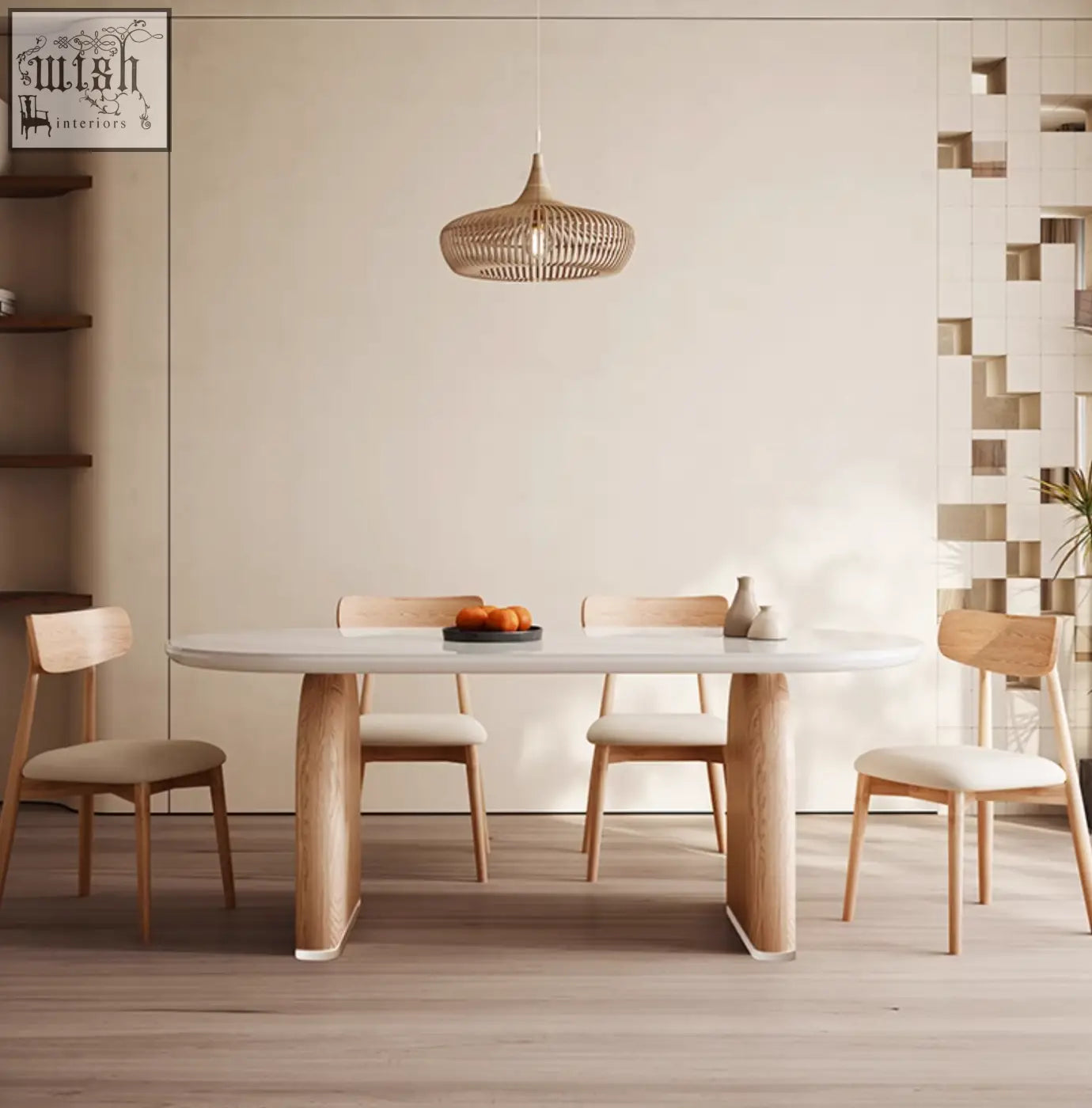 A minimalist ellison modern dining table in white sintered stone with natural wood legs and matching chairs