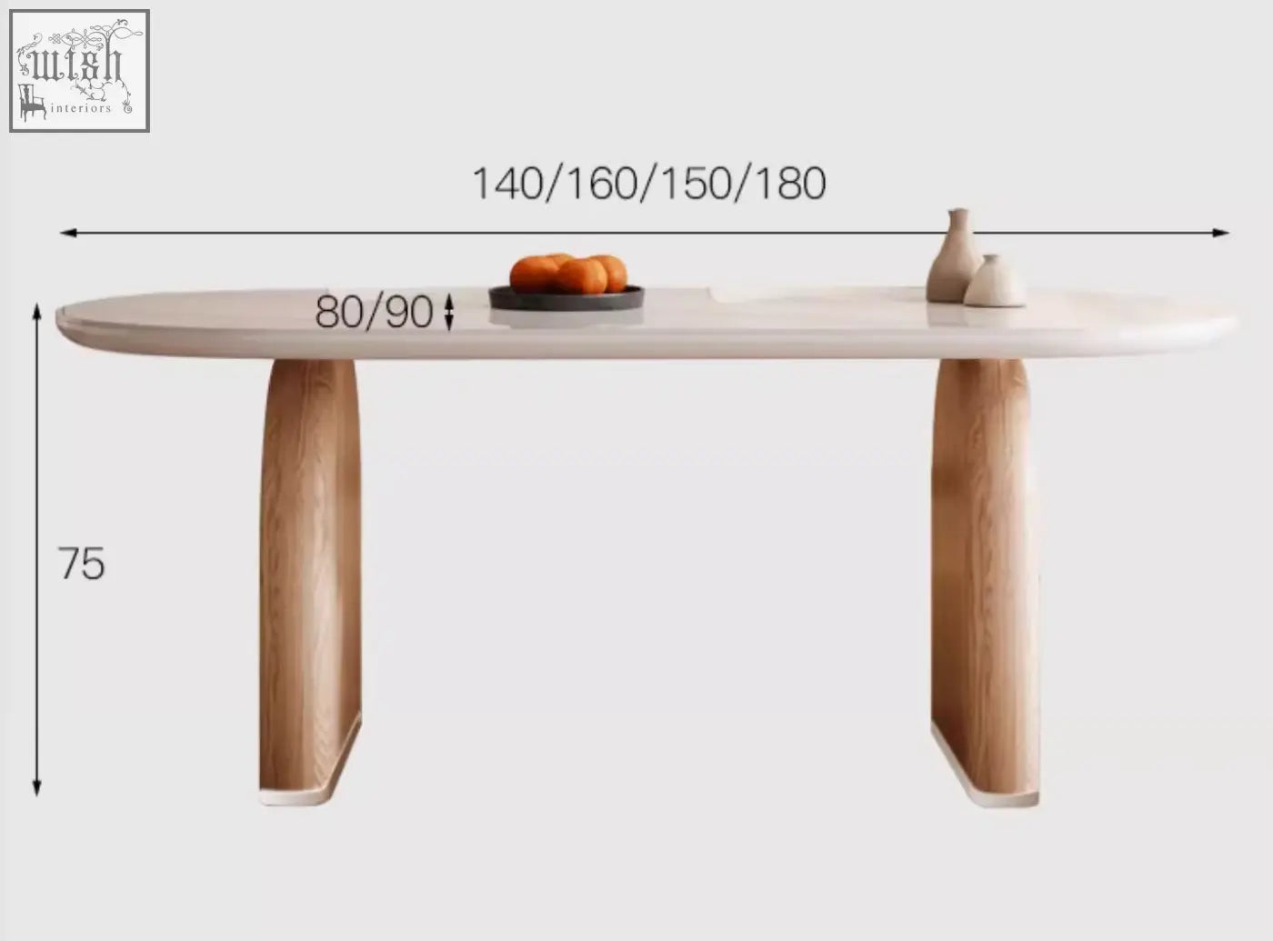 Ellison modern dining table with smooth light-colored sintered stone top and sturdy wooden legs in a minimalist style