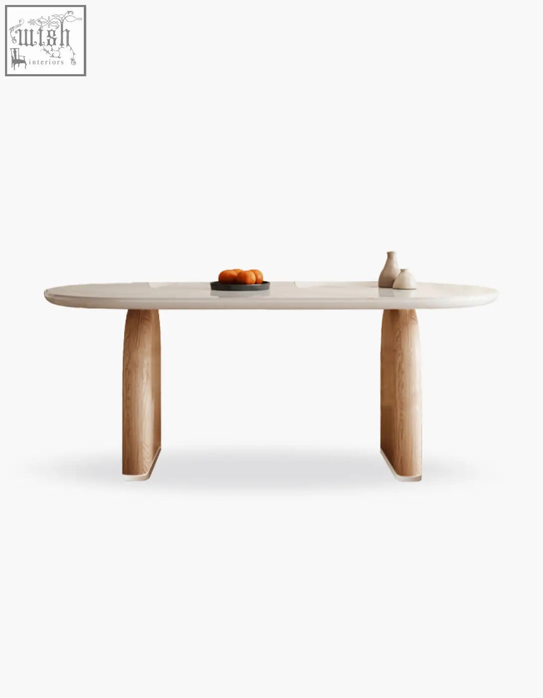 Ellison modern dining table with light-colored sintered stone top and sturdy wooden legs for stylish meals