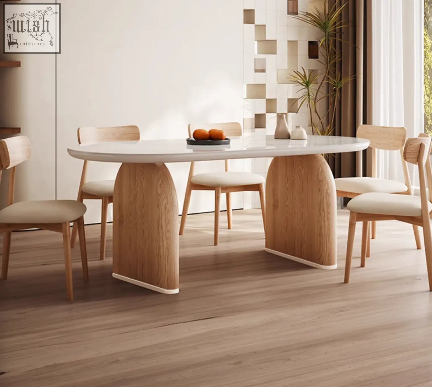 Ellison modern dining table with smooth white sintered stone top and sculpted light oak wood legs