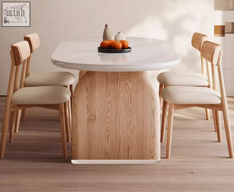Modern ellison dining table with white marble sintered stone top and light wood base perfect for dining room