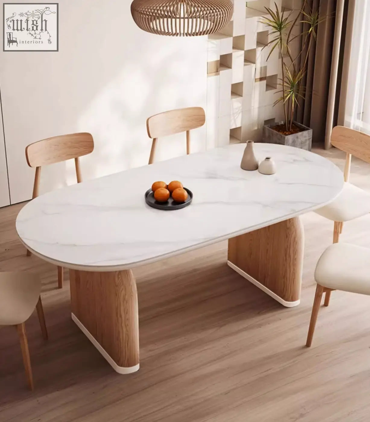 Ellison modern dining table with white sintered stone top and light wood legs for stylish dining room use