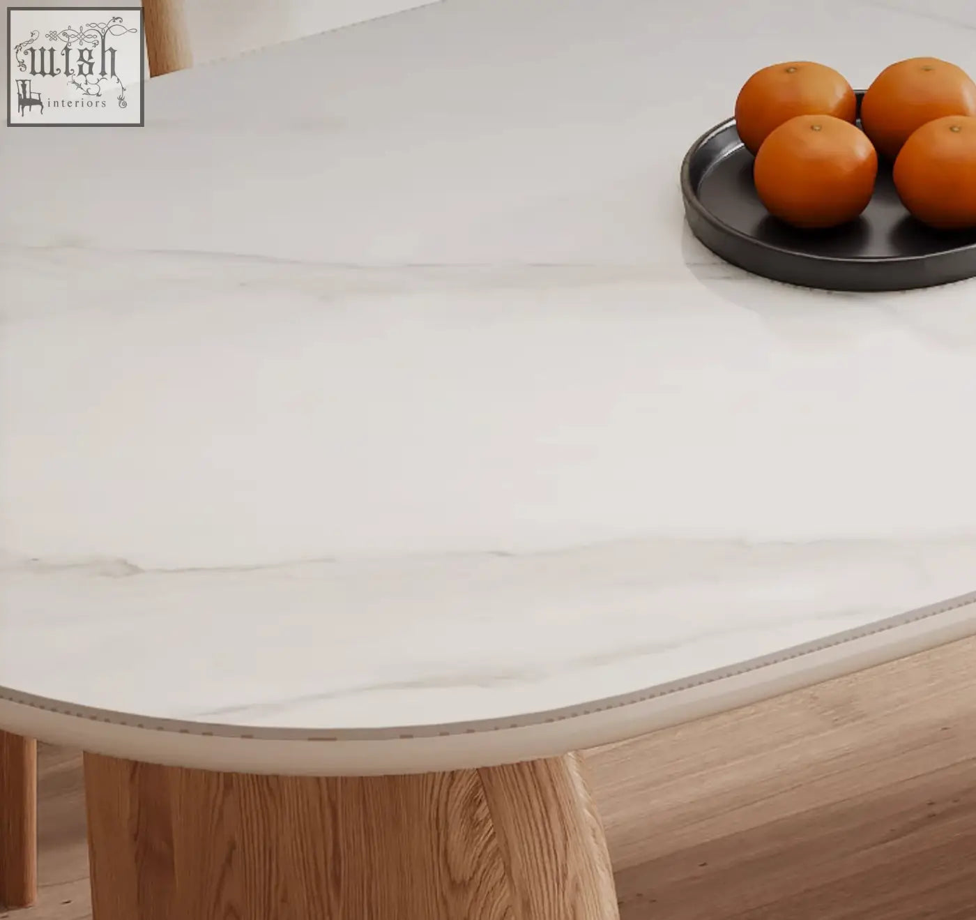 Ellison modern dining table with white marble effect sintered stone tabletop featuring subtle gray veining and gloss