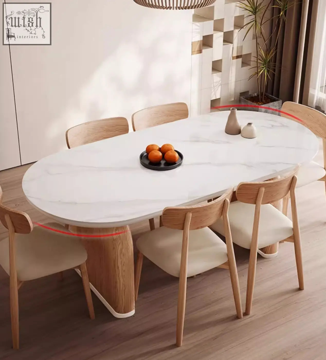 White marble ellison modern dining table with sintered stone top and wooden legs with matching chairs