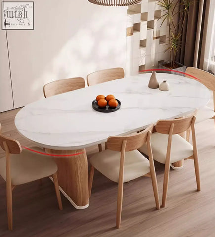 White marble ellison modern dining table with sintered stone top and wooden legs with matching chairs