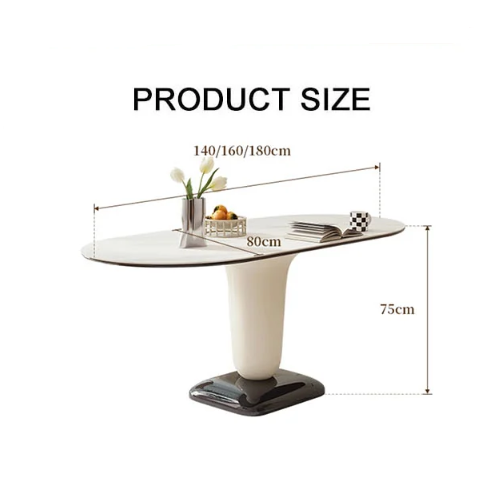 Modern elmer dining table with a white marble oval top and curved cream and black pedestal base for stylish dining