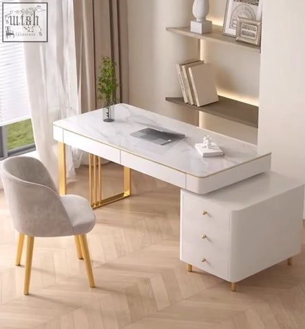Modern elmer office desk with white sintered stone top and gold-tone legs plus matching storage cabinet