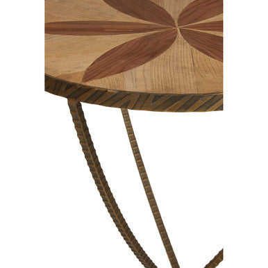 Elmo elm wood large side table with floral marquetry inlay and braided rope legs with antique brass-finished iron accents